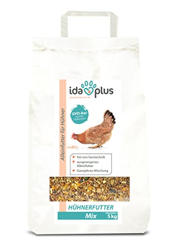 IdaPlus Hühnerfutter Mix 5 Kg - Ausgewogenes Alleinfutter | Ganzjahres Mischung, GVO-frei (auch für Legehennen) | Bestens für Futterautomaten geeignet | Enthält Calcium und Vitamine (5 Kg)
