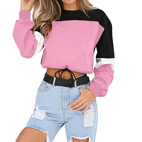 Longra Damen Sweatshirt Colorblock Langarmpullover Winter Hoodie Streetwear 2-in-1 Sportshirts Rundhalsshirts Modisch Langarmshirt