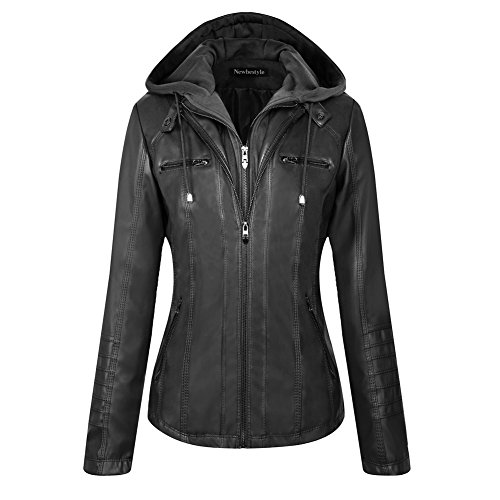 Newbestyle Kapuzen Kunstleder Damen Jacke mit Reißverschluss Motorradjacke Bikerjacke Kapuzenjacke Übergangsjacke Ladies Oberbekleidung (Normale EU-Größe)