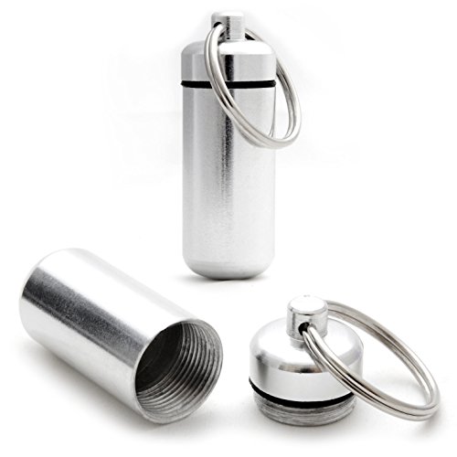 2er SET Mini-Kapsel / Pillendose wasserdicht zur Aufbewahrung von Kleinteilen, Aufbewahrungsbox / Pillenbox als Schlüsselanhänger mit Schraubverschluss (Gummidichtung), Höhe: 45mm, Material: Aluminium, Farbe: Silber - Marke Ganzoo