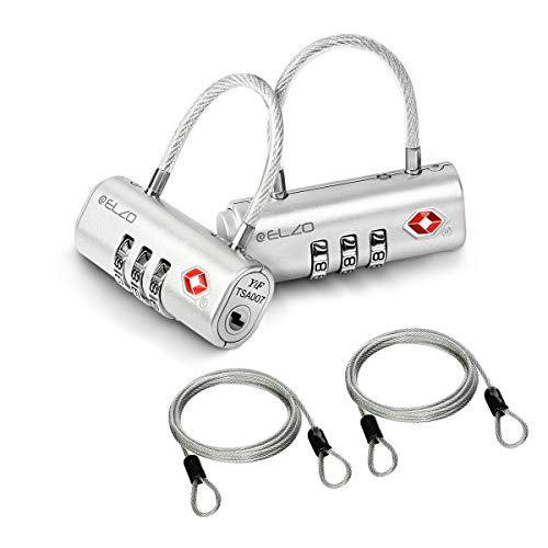 Elzo TSA Zugelassene Gepäckschlösser mit Stahlseil, Reiseschlösser Zahlenschloss Kofferschloss Kabelschloss mit 3-stelligen Zahlencode für Koffer, Gepäck und Sporttasche (2 X Silber)