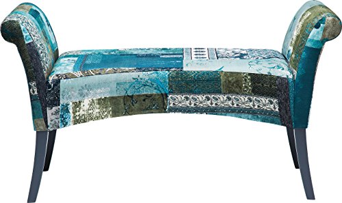 Kare Polsterbank Motley Blue Hour, gepolsterte, schmale 2er Sitzbank, kleine Deko Design Stoffschuhbank aus Buchenholz, Patchwork, bunt blau-weiß (H/B/T) 61x110x40cm