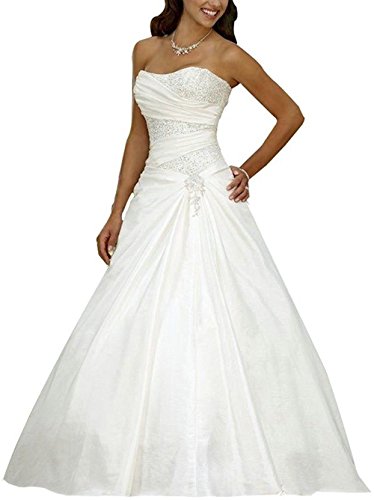 Brautkleid Hochzeitskleider Lang Prinzessin Damen Satin A Linie Falten mit Pailletten Weiß EUR36