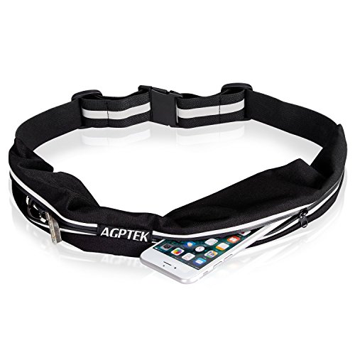 Laufgürtel Running Belt Bauchtasche für Handy iPhone Geld Schlüssel, Hüftgürtel Fitnessgürtel Hüfttasche für Reisen Fitnessstudio Joggen Radfahren und andere Outdoor Aktivitäten, von AGPTEK, Schwarz