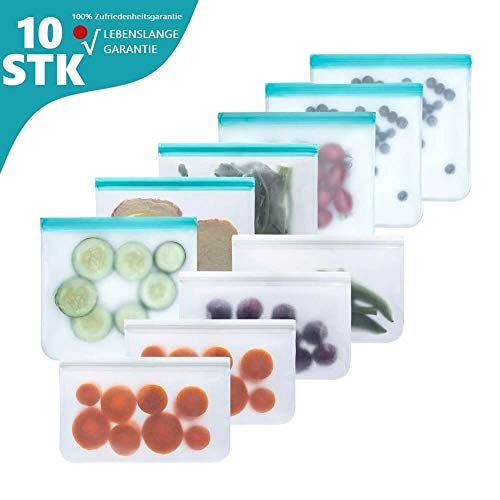 KYONANO Lebensmittel Beutel Wiederverwendbar, Gefrierbeutel Flach, 6 Groß 4 Klein Sandwichbeutel, BPA Frei, PEVA Aufbewahrungsbeutel mit Doppel Reißverschluss für Obst Gemüse Snacks(10 STK/Set)