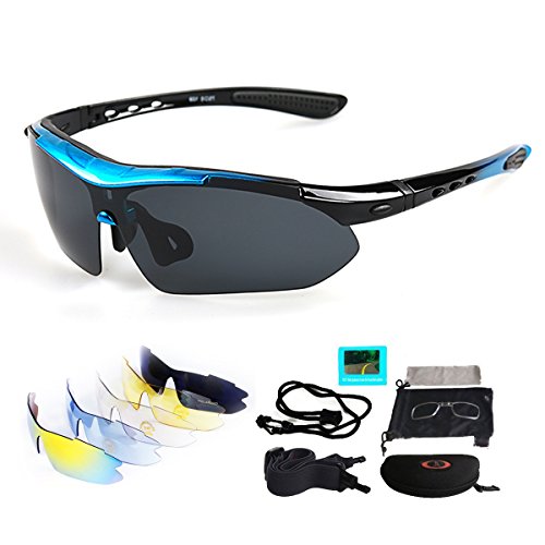 Sport Sonnenbrille Fahrradbrille Sportbrille mit UV400 5 Wechselgläser inkl Schwarze polarisierte Linse für Outdooraktivitäten wie Radfahren Laufen Klettern Autofahren Laufen Angeln Golf Unisex (Blau)