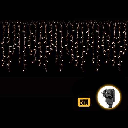 Salcar 5m LED Lichtervorhang Eisregen + 3m Netzkabel, dekorative LED Lichterkette mit 200 spritzwassergeschützten LEDs, 31V Sicherheitsnetzteil, 8 Betriebsmodi mit Memory-Funktion - Warmweiß