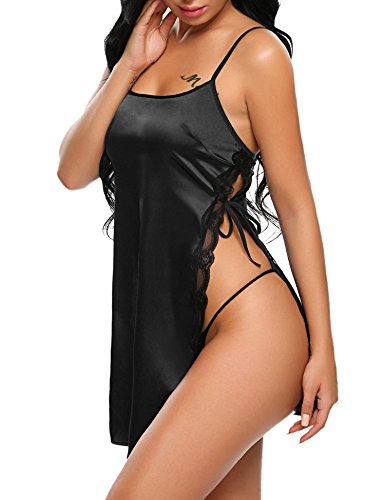 ADOME Nachtkleid Satin Sexy mit G-String Dessous Babydoll Kurz Ouvert Nachtwäsche Damen Nachthemd Öffnen Seite Spitze Negligee Reizwäsche Sleepwear Kleid Schwarz XL