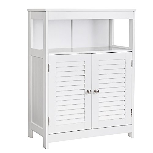 SONGMICS Badezimmerschrank aus Holz, Badezimmer Organizer, Badezimmerregal, freistehend mit 2 Lamellentüren, weiß, BBC40WT