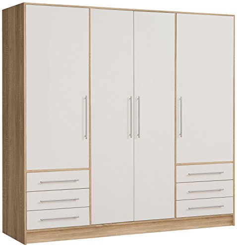 NEWFACE Jupiter Kleiderschrank 4-türig, 6 Schubkästen, Holz, sonoma eiche + weiß, 206.5 x 60 x 200 cm