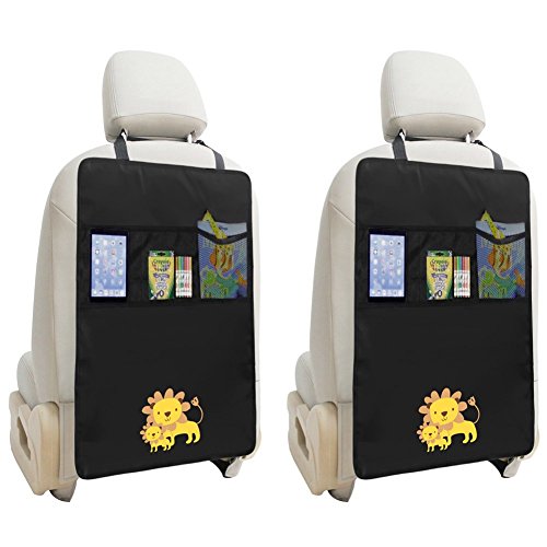 Zuoao 2 Stück Auto-Rückenlehnenschutz, Rückenlehnen Tasche Trittschutz mit Rücksitz-Organizer,Kinder Rücksitzschoner Kick-Matten-Schutz passend für die meisten den Autositz Schwarz,56.5 x 44cm Groß (Löwe)