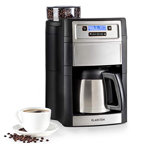 Klarstein Aromatica II Kaffeemaschine mit Mahlwerk • Filter-Kaffeemaschine • 1000 Watt • 1.25 Liter Thermoskanne • 24-Stunden-Timer • LCD-Display • inkl. Permanent- und Aktivkohle Filter • silber