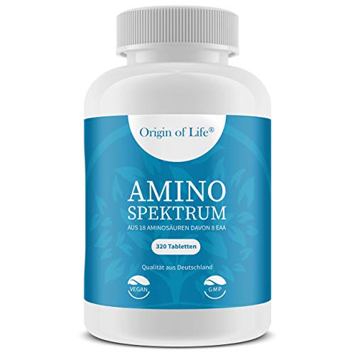 AMINO SPEKTRUM - 320 Tabletten vegan | Hochdosiert mit je 1000mg für 40 Tage | Komplex aus 18 Aminosäuren inkl. 8 EAA´s & BCAA | Laborgeprüft - Hergestellt in Deutschland ohne Magnesiumstearat