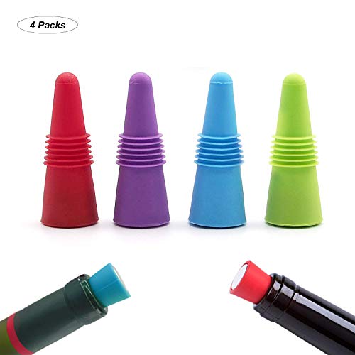 Yisscen Weinflaschenverschluss aus Silikon für Wein, 4 Stück, wiederverwendbare Weinflaschenverschlüsse und Flaschenstopfen (Rot, Blau, Orange, Violett)