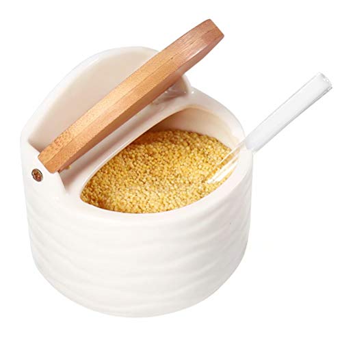 77L Keramik Zuckerdose, 250 ML (8.52 FL OZ) Zuckerdose Schüssel mit Löffel und Deckel aus Bambus für Zuhause und Küche - Modernes Design, Weiß,Servieren Zucker, Pfeffer, Gewürz, uvm