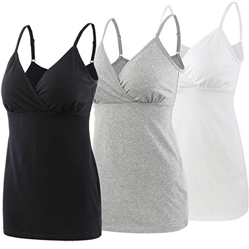 ZUMIY Schwangerschaft Stillen Top, Damen Baumwolle Umstandskleidung Schlaf Ärmellos Cami mit Verstellbaren Trägern (Small, Black+Grey+White/ 3-pk)