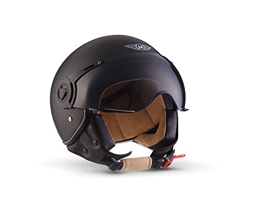 Moto Helmets H44 Matt Black · Mofa Helmet Retro Vintage Bobber Biker Jet-Helm Moto Helmetsrrad-Helm Roller-Helm Cruiser Vespa-Helm Chopper Pilot Scooter-Helm · ECE zertifiziert · inkl. Sonnenvisier · inkl. Stofftragetasche · Schwarz · L (59-60cm)
