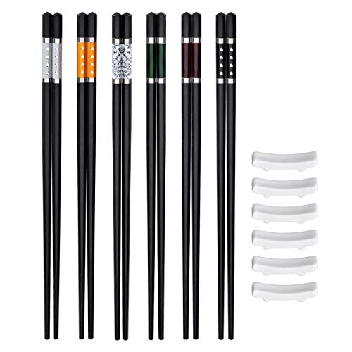 Queta Glasfaser-Essstäbchen, 6 Paar Spülmaschinenfest Essstäbchen Asiatisches Besteck 243mm mit 4 Keramik-Essstäbchen-Auflagen