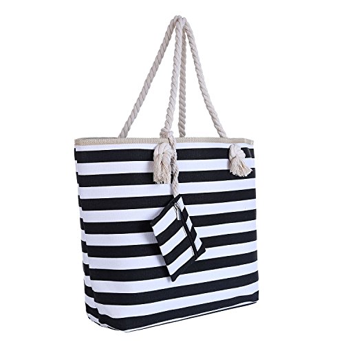 Große Strandtasche mit Reißverschluss 58 x 38 x 18 cm maritime Streifen schwarz weiß Shopper Schultertasche Beach Bag
