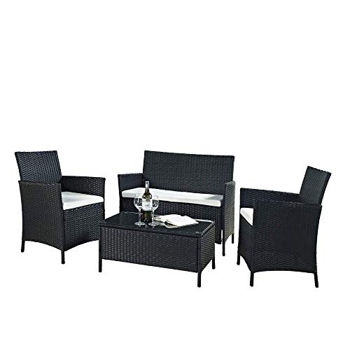 EBS Polyrattan Gartenmöbel set Gartengarnitur Sitzgruppe Lounge Garnitur 1 Tisch 3 Stühle Weiß Sitzkissen (Schwarz)