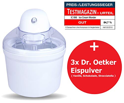 PerfectMix Eismaschine Eiscreme Maschine 4in1 - Speiseeismaschine Speiseeisbereiter, Sorbet Maschine, Frozen Joghurt Maschine, Softeis Maschine Fassung 1,2 L, Eis in 15 min, 3x Speiseeispulver