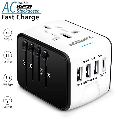 Agedate Internationale Netzadapter USB Reiseadapter Reisestecker mit 3 USB Ports+1 Type C, Universal Travel Adapter USB Stecker Steckdose Adapter für 224 Ländern Europa UK Australien USA China
