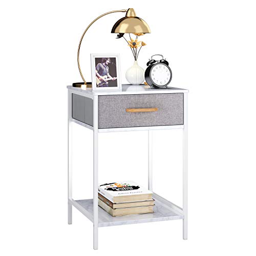 Homfa Beistelltisch Nachttisch Couchtisch Beistellschrank Nachtschrank Nachtkonsole Ablagetisch mit Schublade Stauraum marmor-weiß-grau Stoff-Holz-Metall 60x39x39cm(HxBxT)