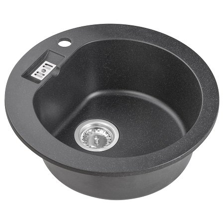 Luccio Granit Spüle Einbauspüle Spültisch Spülbecken rund inkl. Ablaufgarnitur, Korbventil, Siphon und Schablone in Schwarz