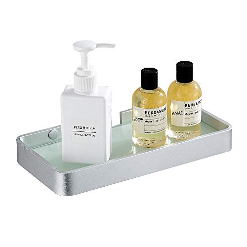 Hoomtaook Hartglas Badregal Rechteckiges Duschcaddy Ablage Organizer Nail-Free, Kein Schaden, Selbstklebend, Space Aluminium, Rostfreier Korb Für Küche Badezimmer Zubehör
