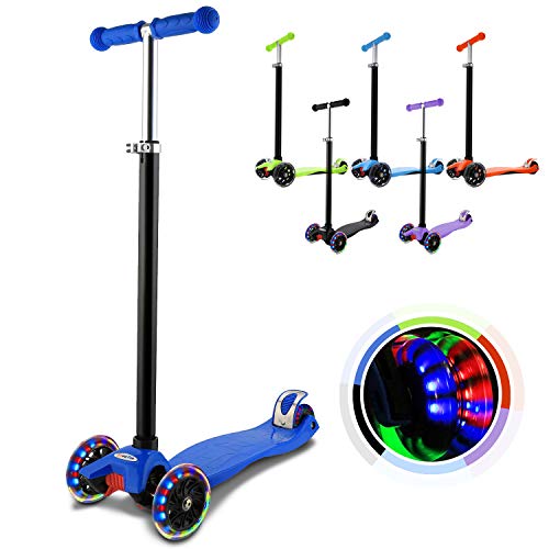 Hikole Kinderscooter Dreirad Roller mit verstellbarem und Abnehmbarer Lenker Tret-Roller LED Räder Blinken für Kinder ab 3 Jahren