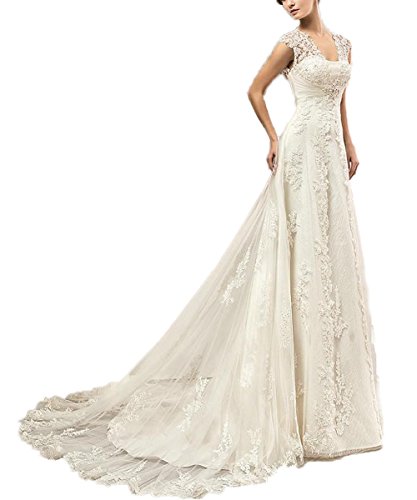 CoCogirls Spitze Hochzeitskleid Kappenhülsen Perlen Korsett Schlüsselloch Rückenfrei Hochzeitskleider Gericht Zug Übergröße Brautkleider (40, Elfenbein)