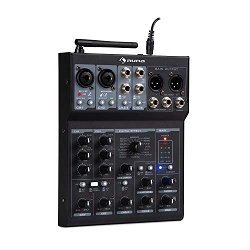 auna Blackbird 6-Kanal Mixer Mischpult • 6 Kanäle • USB-Verbindung • Bluetooth • 2 x Mikrofon-Anschluss mit Bass- und Treble-Control • 16 Effekte • für +48V Kondensatormikrofon geeignet • schwarz