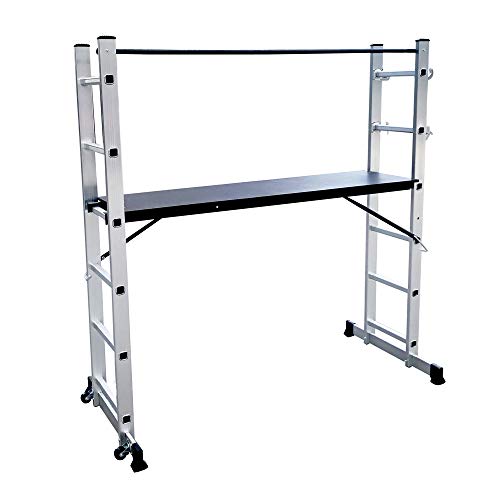 LZQ 3 in 1 Baugerüst Alugerüst Gerüst. Bockleiter oder Anlegeleiter  Alu  Leiter  Arbeitsgerüst  Arbeitsbühne | Bis 150 KG belastbar | Anti-Rutsch beschichtet | GS geprüft (EN 131)