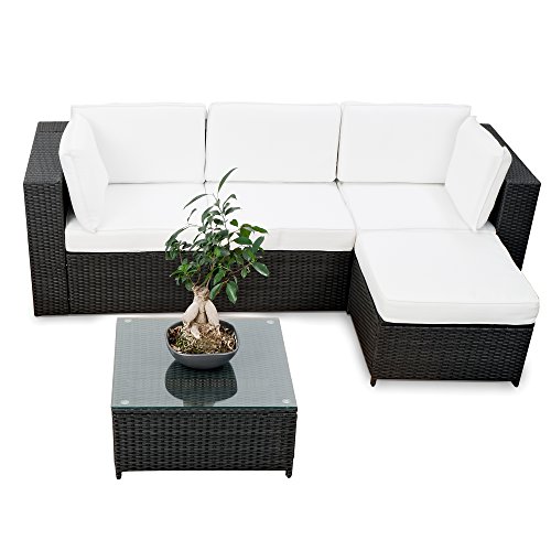 XINRO Lounge Set Polyrattan erweiterbar - Balkon Rattan Lounge Ecke - schwarz - Garnitur Sitzgruppe Gartenmöbel Lounge Möbel Set aus Polyrattan - inkl. Lounge Sessel + Ecke + Hocker + Tisch + Kissen