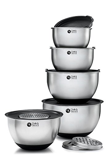 13 Stück Edelstahl Rührschüsseln Set - 5 Größen einschließlich extra groß - Nest Design mit Gummi Griff Basis - 5 verschließbare Deckel & 3 Raspel Anhänge