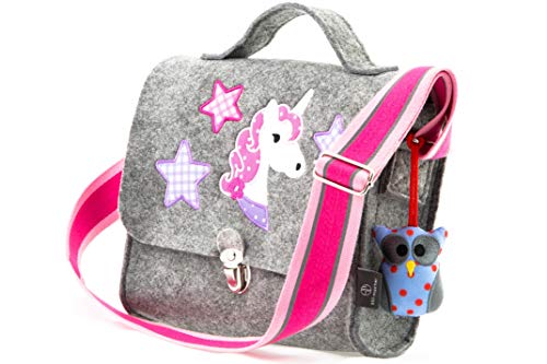 Kindergartentasche aus Filz von Stil-Macher | Einhorn | Weicher Filz | reflektierender Schultergurt für mehr Sicherheit | Filztasche mit liebevollen handgenähte Stickereien - 24 x 8 x 21 cm (LxBxH)