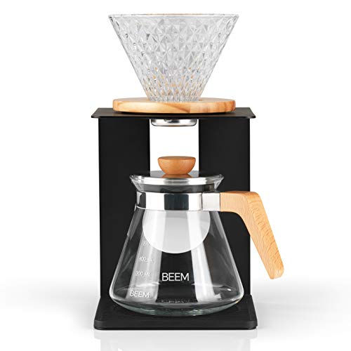 Beem Pour Over Kaffeebereiter Set-4 Tassen | Classic Selection | 4-teilig | Glas-Handfilter in Diamantoptik | Größe 2 | 0,5 l Glaskanne inkl. Deckel | Hochwertiges Gestell | Silikonunterlage