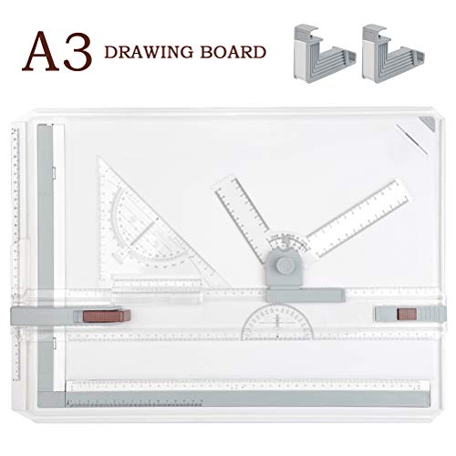 TIMESETL A3 Zeichenplatte Zeichenbrett DIN A3 Zeichentisch, 51 x 36,5cm Reißbrett einfache Zeichenplatte mit Zubehör Schnell-Zeichendreieck für das Professionell Office Arbeiten Studenten Studium