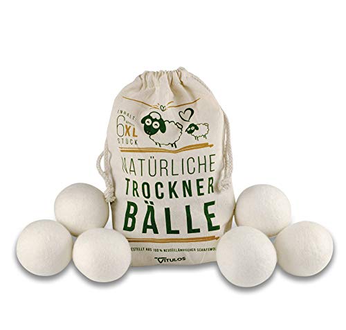 VITULOS 6er Pack natürliche Trocknerbälle - 6 extragroße Trocknerkugeln aus Schafwolle für Wäschetrockner - perfekt geeignet für Daunen/Daunenjacken