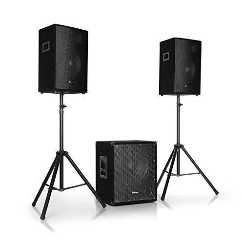 auna Cube 1812 • 2.1 Aktiv PA-Set • 1600 W Gesamtleistung • 46 cm (18') Subwoofer • 2 x 30 cm (12') Lautsprecher • Bi-Amping Technologie • Echo • Bass- und Treble-Control • inkl. Zubehör • schwarz