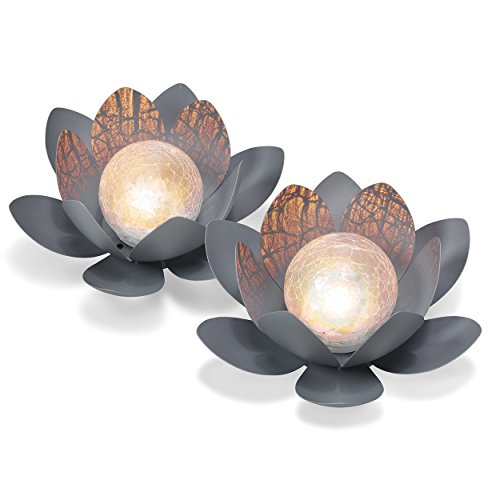 Dekoratives Solar Lotusblüten 2er Set aus Metall - angenehm warmweißes Licht - traumhafte Lichteffekte durch Bruchglasoptik - (D x H): 27 x 9cm - Solarlampe Gartenbeleuchtung Lotusblume esotec 102087