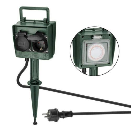 Gartensteckdose 2-fach | IP44 | mit Zeitschaltuhr | wasserfeste Außensteckdose | Outdoor 2x Steckdose Garten Stromverteiler | wetterfest | Außenbereich | mit Erdspieß | grün