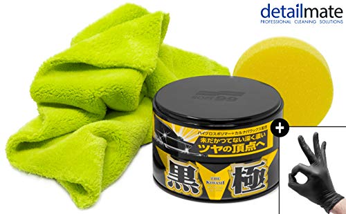 detailmate Wachs Set: Soft99 Extreme Gloss Wax The Kiwami Dark, Carnauba Autowachs Lackversiegelung mit Schwamm, 200g, Ultra Flauschiges Mikrofaser Poliertuch 550 GSM, 2 Nitril Schutzhandschuhe