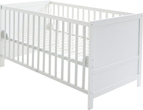 roba Kombi Kinderbett, 70x140 cm, Babybett Holz weiß, 3-fach höhenverstellbar, Baby- bzw. Kinderbett mit Schlupfstäben umbaubar zum Juniorbett