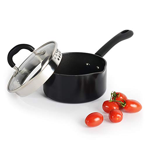 ProCook Gourmet Non-Stick Stielkasserolle | mit Deckel | Induktion | Kasserolle | Milchtopf | mit Antihaftbeschichtung | mit Abgießdeckel aus Glas und Schüttrand | Stay-Cool Silikongriff |