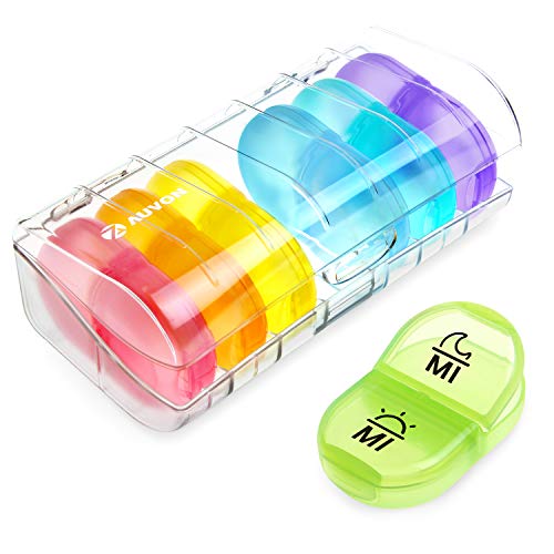 AUVON Tablettenbox 7 Tage, Pillendose 7 tage 2 fächer, handlicher und feuchtigkeitsbeständiger Medikamentenbox für die Hand- oder Hosentasche, um Vitamin- und Medikamente aufzubewahren