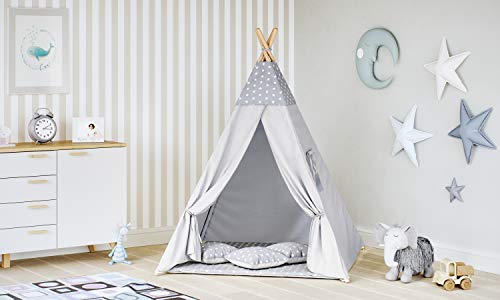 MALATEC Tipi Zelt für Kinder Spielzelt Indianer Baumwolle 3 Kissen Kinderzelt drinnen draußen 8702 , Farbe:Grau- Sterne