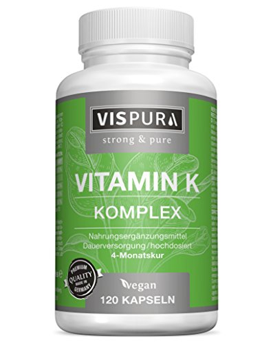 Vitamin K Komplex hochdosiert K1 1.000 µg + K2 Menaquinon (1.000 µg MK4 + 200 µg MK7) - 120 Kapseln vegan beste Bioverfügbarkeit ohne Trennmittel Magnesiumstearat, 30 Tage kostenlose Rücknahme!