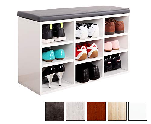 RICOO Schuhregal mit Sitzfläche Schuhschrank WM035-W-A Schuhablage Schuhkommode Organizer Boden Standregal Garderobe Möbel Rack/Kissen Polster Polsterung Grau/Holz Weiß Hell