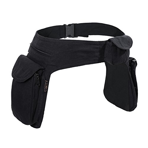 KUNST UND MAGIE Doppel Bauchtasche Sidebag Gürteltasche Festivaltasche Hippie Goa, Farbe:Black/Schwarz
